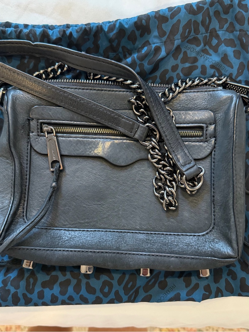 Rebecca Minkoff Black Leather Shoulder Bag with Chain-Detail Strap